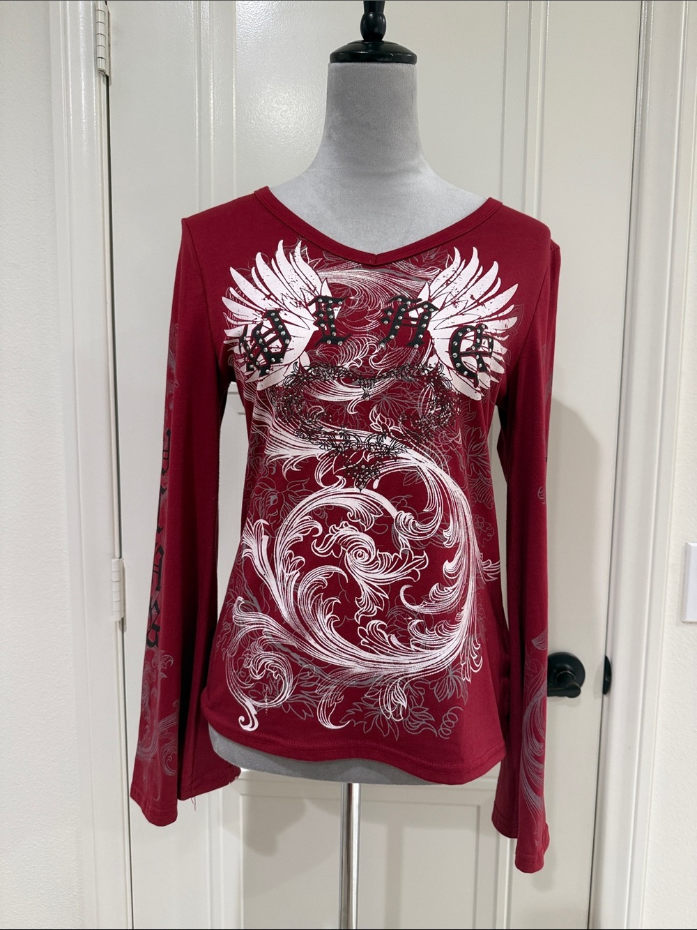 Affliction Burgundy Long Sleeve V-Neck with White Wing Graphic